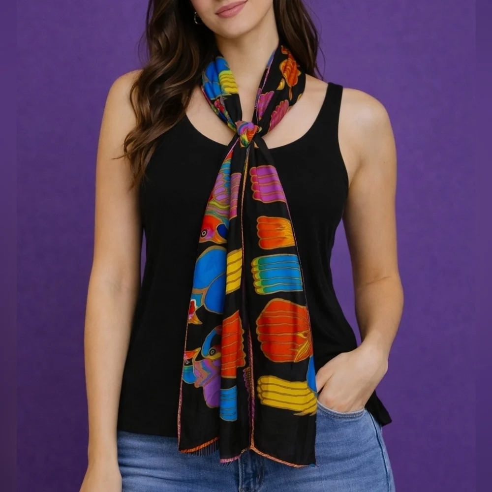 LAUREL BURCH Colorful Rainbow Tropical Bird Print Silk Resort Festival Scarf